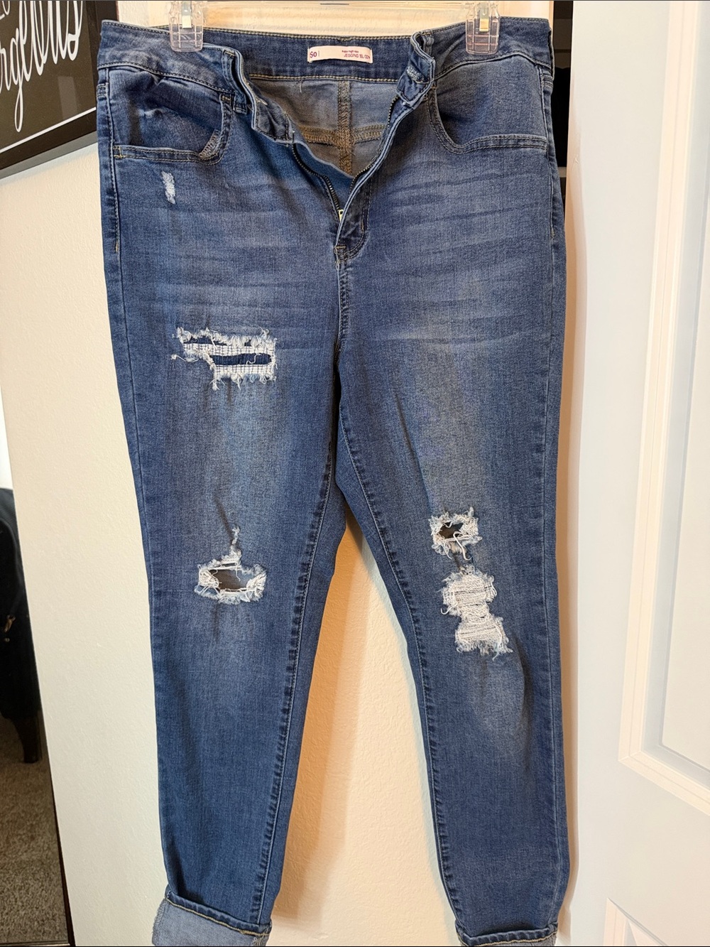 SO Women's Distressed Dark Blue Jeggings